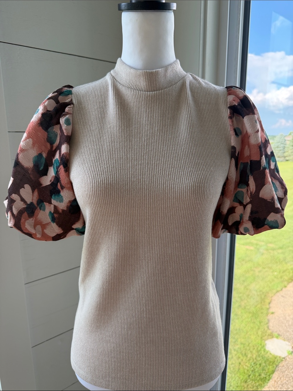 THML Cream Knit Mock Neck Top with Floral Puff Sleeves